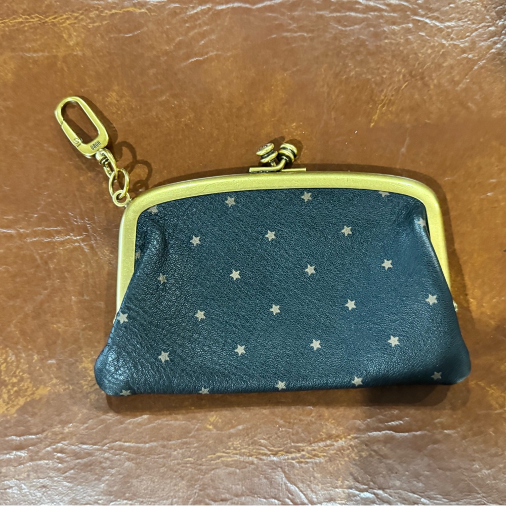 HOBO Cheer Frame Pouch in pebbled leather, black & gold stars